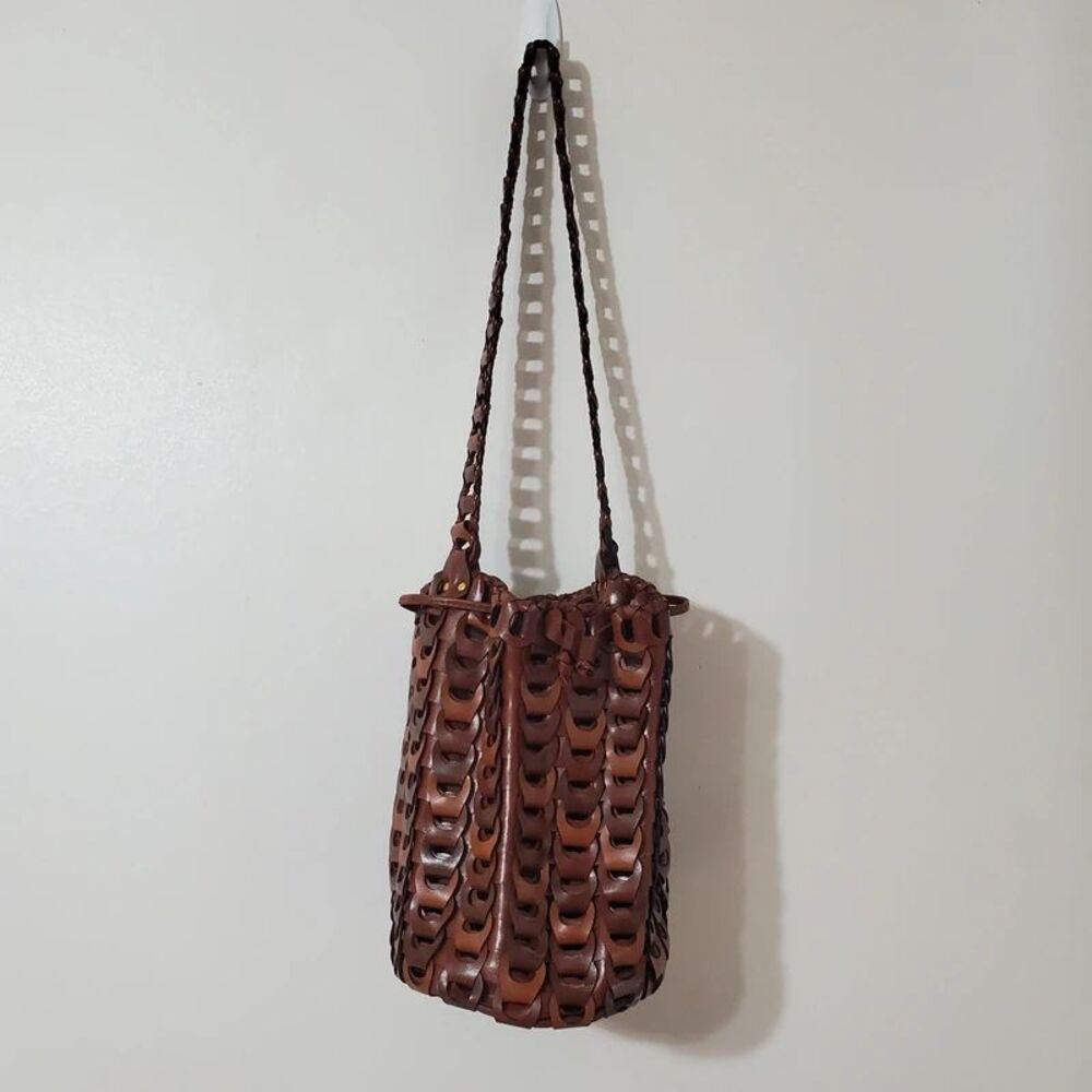 Y & S Brown Leather-look Hobo Bucket Bag Chain Link Draw String Purse